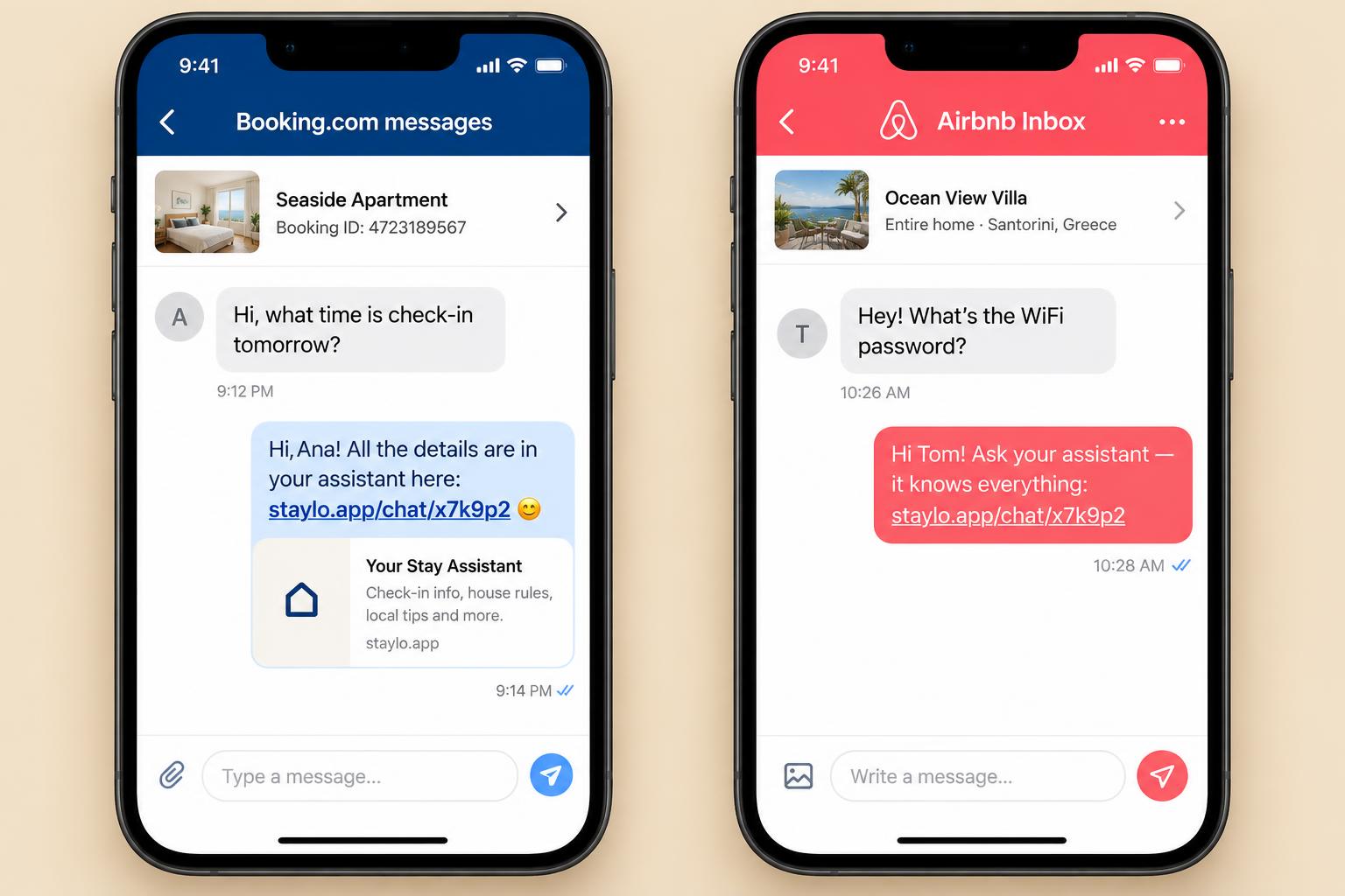 A Booking.com message and an Airbnb message where the host shared their Staylo guest link